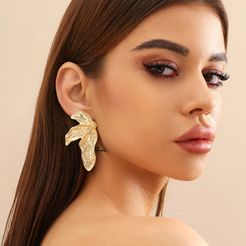 DAIIIBABYYY  -  Exaggerated Big Geometry Half Flower Metal Earrings Gothic Irregular Liquid Metal Stud Earrings Women's Banquet Jewelry